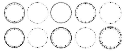 Clock faces. Vintage clocks bezel, seconds timer and 12 hours watch round scale vector set