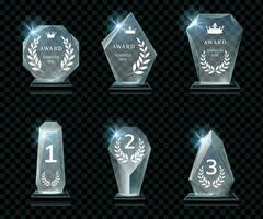 Winner glass trophy. First place award, crystal prize and signed acrylic trophies realistic vector set