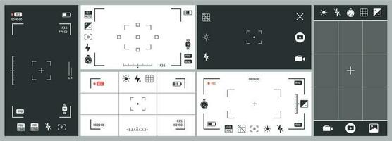 foto cámara visor. vídeo grabación, teléfono inteligente fotografía aplicación ui y ajustamiento atención marco. exposición ajustes vector conjunto