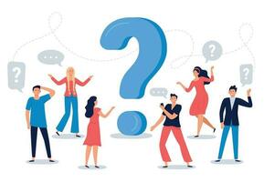 People ask question. Confused person asking questions, crowd finding answers and question sign vector illustration. Collective brainstorm, mutual assistance concept. Public problem solution service