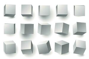 realista 3d blanco cubitos. mínimo cubo forma con diferente perspectiva, geométrico caja formas vector ilustración conjunto