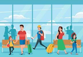 Busy airport terminal. Business travelers, family vacations travel and traveler waiting at airports terminals vector illustration