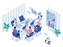 Robot and human office workers. Robotic worker, humans and robots work together in futuristic workplace isometric vector illustration