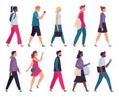 Walking people. Men and women profile, side view walk person and walkers characters vector illustration set