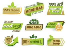 Eco label banner. Healthy food labels, eco bio product and natural organic emblem badges vector set. 100 percent original production tags collection. Freshness and quality assurance stickers pack