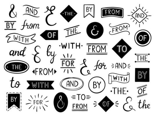 Vintage lettering ampersand and catchwords. Doodle catchword, hand drawn ampersands in frames and the sign vector set. Handwritten words conjurations pack. Elegant postcard, invitation design elements