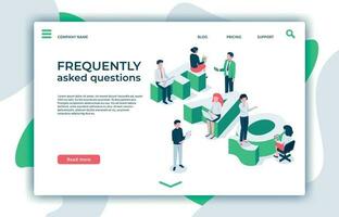 Frequently asked questions. Asking question, ask about and FAQ landing page isometric vector illustration