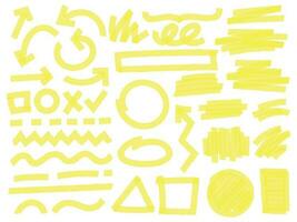 Highlight marker strokes. Yellow checkmark marks, text highlighter lines and highlights marking vector set. Bright arrows, geometric shapes, lines and chaotic scratches isolated on white background