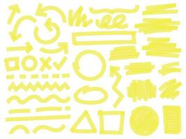 Highlight marker strokes. Yellow checkmark marks, text highlighter lines and highlights marking vector set. Bright arrows, geometric shapes, lines and chaotic scratches isolated on white background