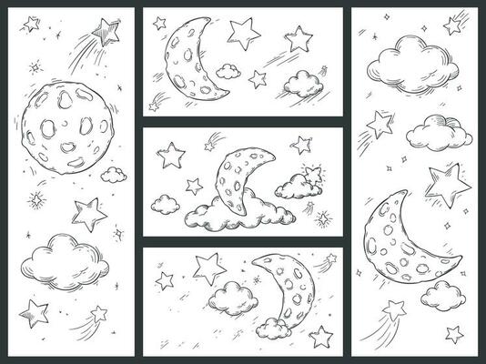 Sketch night sky with moon. Hand drawn moon, night stars and doodle dream sleep clouds vector illustration set. Crescent in starry sky and shooting stars coloring book drawings pack