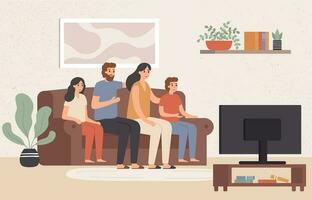 Family watching television together. Happy people watch tv in living room, young family watching movie at home vector illustration