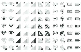 Mobile phone bar icons. Smartphone battery charge level, wifi signal strength icon and network connection levels pictogram vector set