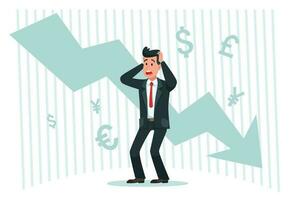 Stressful businessman. Falling profits, down arrow chart graph and bankrupt finance fall vector illustration