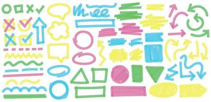 Color highlight marker strokes. Colorful markers cross and tick mark, doodle highlights arrows and marker stroke frames vector set. Multicolor symbols, arrows, speech bubbles and geometric shapes