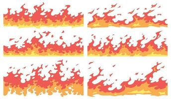 Cartoon fire border. Flame divider, bright fire flames borders and seamless blaze vector set