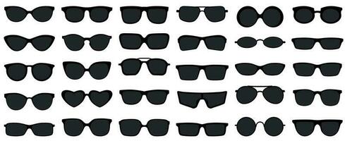 Sunglasses icons. Black sunglass, mens glasses silhouette and retro eyewear icon vector set