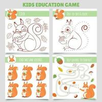 Cartoon squirrel kids games. Find two same pictures, squirrel and nut maze, coloring game and dot to dot vector illustration set