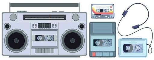 Retro tape player. Vintage cassette music players, old sound recorder and audio cassettes vector illustration set
