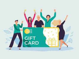Gift card voucher. Gift certificate, discount cards for customers and happy people hold gift coupon flat vector illustration