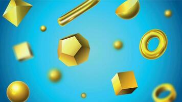 Golden abstract 3D geometric shapes. Shiny gold objects, realistic golden figures and abstraction background vector illustration