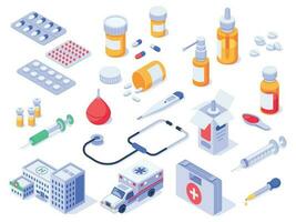 Isometric first aid kit. Health care medical pills, pharmacy medicines and drug bottles. Hospital ambulance 3d isolated vector set