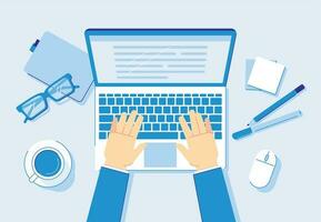 Hands on laptop. Computer work, business worker typing on notebook keyboard and office workplace vector illustration