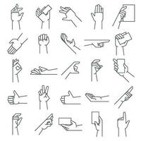 Line hand gestures. Pointing gesture, hold in hands and like icon vector illustration set