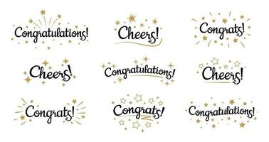 Congrats lettering. Congratulation text labels, cheers sign decorated with golden burst and stars and congratulations vector set