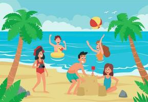 Kids beach. Happy childrens fun on sea shore sand beach, children sunbathing and swimming kid cartoon vector illustration