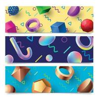 Abstract 3D geometric shapes banners. Colorful 80s holographic 3D objects background, modern art composition banner frame vector set