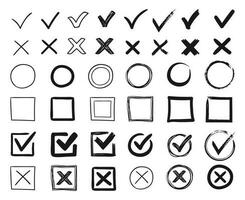 Doodle check marks. Hand drawn checkbox, examination mark and checklist marks. Check signs sketch vector illustration set