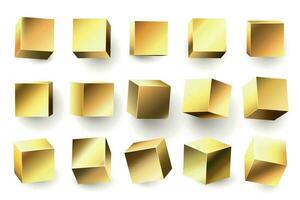 oro metal cubo. realista geométrico 3d cuadrado forma, dorado metálico cubitos y brillante amarillo formas vector ilustración conjunto