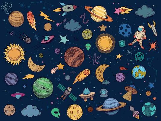 Color space doodle. Astrology planets, colorful space and hand drawn rocket vector illustration set. Cartoon style cosmic stickers pack. Celestial bodies, astronaut, spacecrafts and aliens
