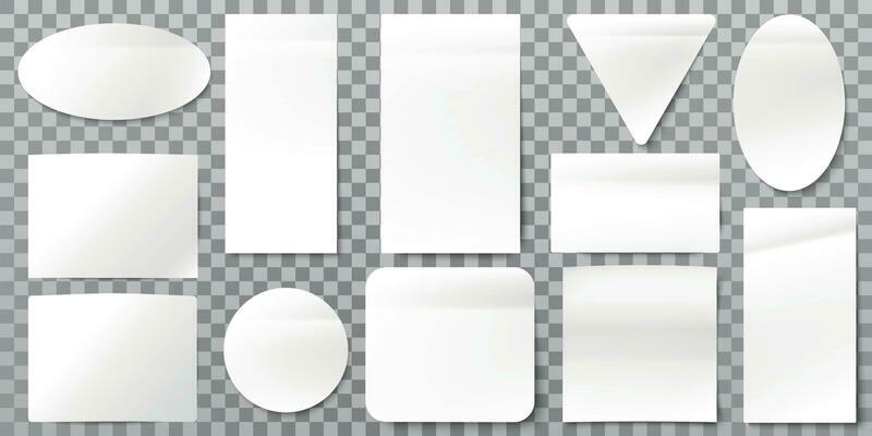 White paper labels. Blank label stickers, sticky papers tags and sign shapes vector set