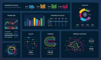 Infographic dashboard. Financial charts, gradient graph and trading statistic chart vector illustration