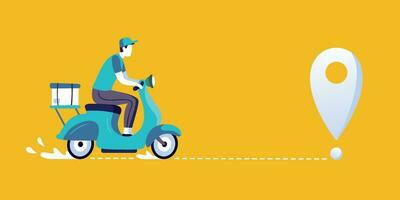 Delivery man on scooter. Food deliveries courier, delivering on city bike and delivery route vector illustration