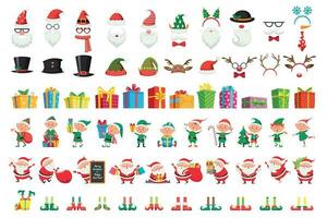 Cartoon Christmas collection. Xmas hats and New Year gifts. Santa Claus and elves helpers characters vector set