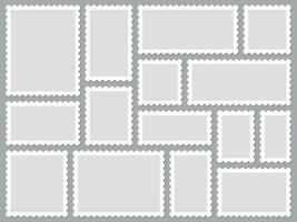 Postcard stamp frames. Blank postage stamps, empty postmark and square mark frame border vector set. Clean postal office stickers collection. Various rectangular mail stamps with copyspace