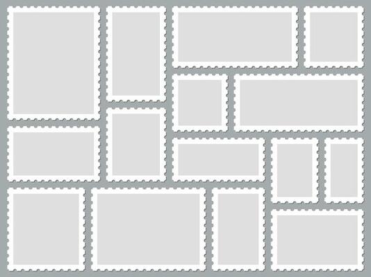 Postcard stamp frames. Blank postage stamps, empty postmark and square mark frame border vector set. Clean postal office stickers collection. Various rectangular mail stamps with copyspace