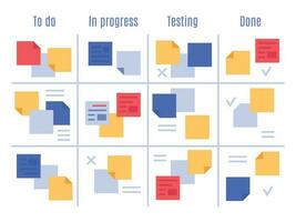 Scrum visual management board. Kanban office tasks, project process sticky note and planning notes vector illustration