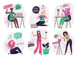Cute blogger girls. Beauty bloggers create and post video content, smiling vlogger girl and online young woman blog flat vector illustration set