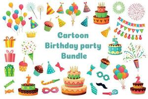 Cartoon birthday party bundle. Sweet celebration cupcakes, colorful balloons and birthday gifts vector illustration set