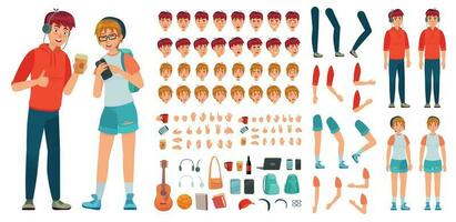 Teenager character constructor. Teenage boy, young girl character creation bundle and teenagers couple cartoon vector illustration set. Avatar building kit with faces, body parts and accessories