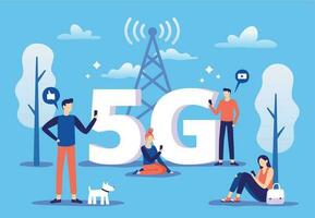 Mobile 5g connection. People with smartphones use high speed internet, fifth generation network and coverage zone vector illustration