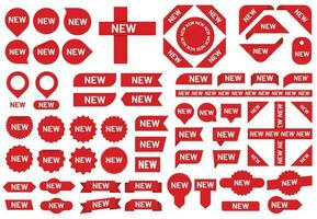 New sticker badge. Newest arrival sale ribbon stickers, red badges and new flag sign vector set