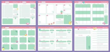 Funny planner templates. Daily, weekly, monthly and yearly planners pages. Goal planner and to do list vector set