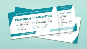 Two airline tickets. Airplane boarding ticket with passenger name, airlines flight invitation and airplanes pass vector illustration