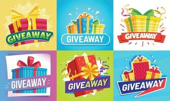 Giveaway post. Give away gifts, winner reward and gift prize draw social media posts vector illustration set
