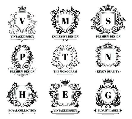 Royal shields badges. Vintage ornament luxury logo frame, retro ornamental shield sign and decorative ornaments badge vector set