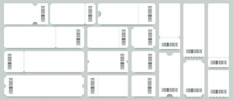 Ticket or coupon template. Empty white tickets mockup, vintage coupons with barcode vector set
